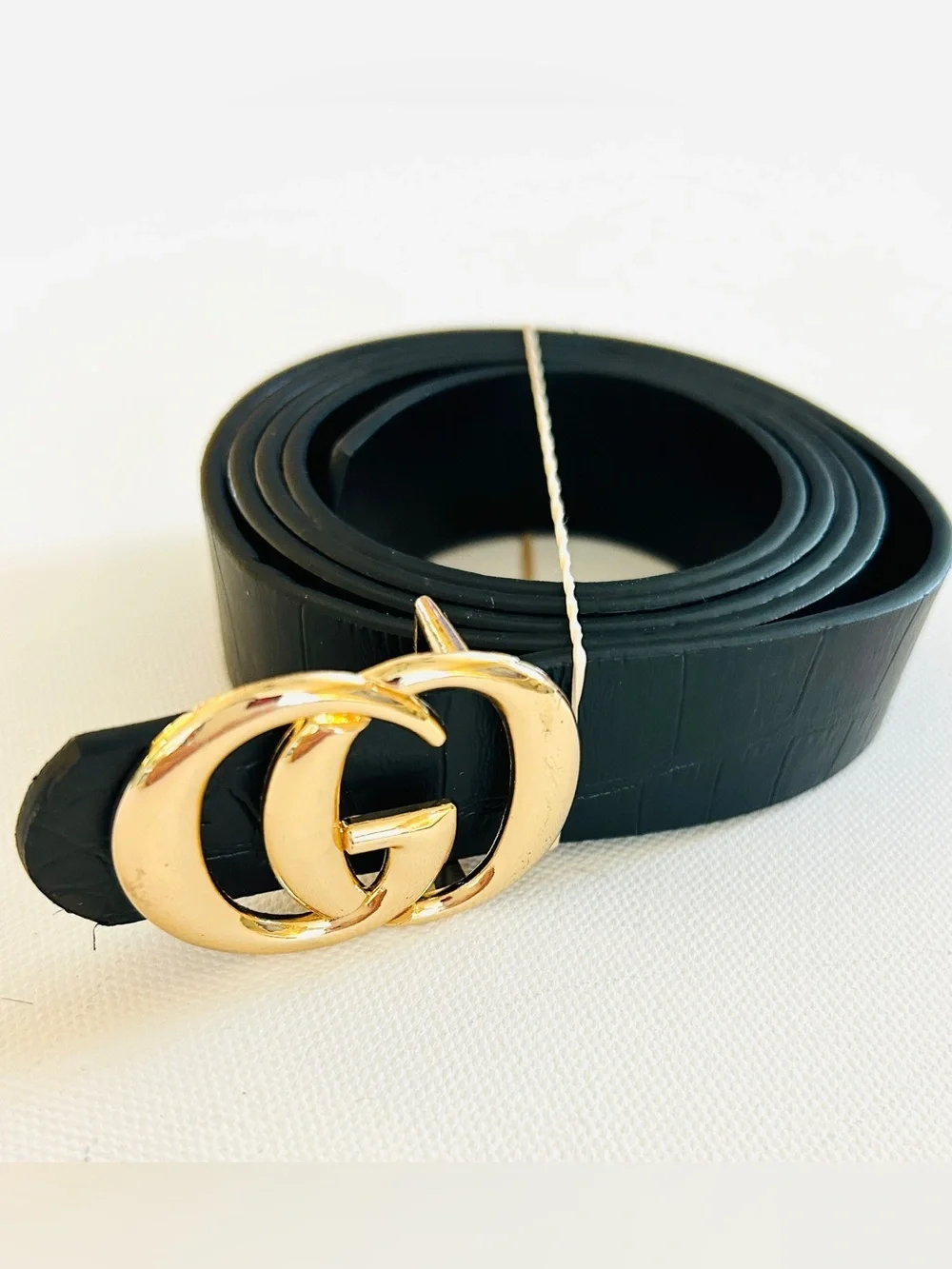 noir Black Textured Belt Gold GG Style Buckle L/XL 46” Minimalist Chic NWOT